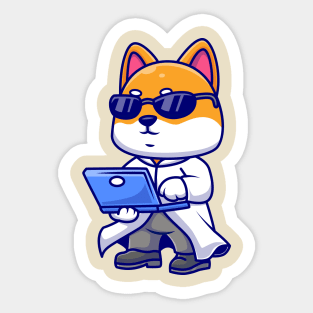 Cute Shiba Inu Dog Proffesor With Laptop Cartoon Sticker